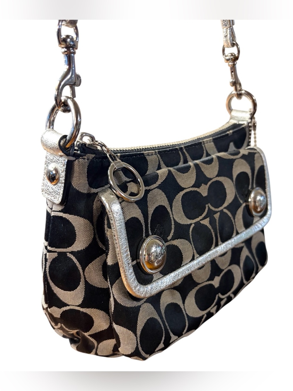 Coach Poppy Signature Pleated Crossbody Bag Black/Grey Metallic Silver - Picture 3 of 9
